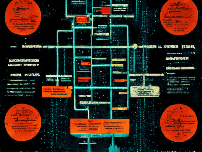AI generated image using MidJourney and the prompt: Networks, routes, gateways, firewalls and internet described by a poster in a cyber punk style with Soviet era influencees.